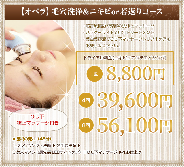 毛穴洗浄＆ニキビ or 若返りコース 12回¥99,000 8回¥64,000 6回¥56,1000 4回¥39,600